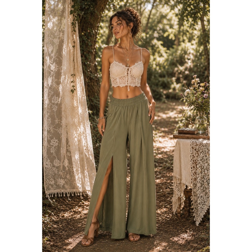 GUESS Delami Cross Pants Womens XL Dusty Sage Flowy Wide Leg Elastic Waist NWT